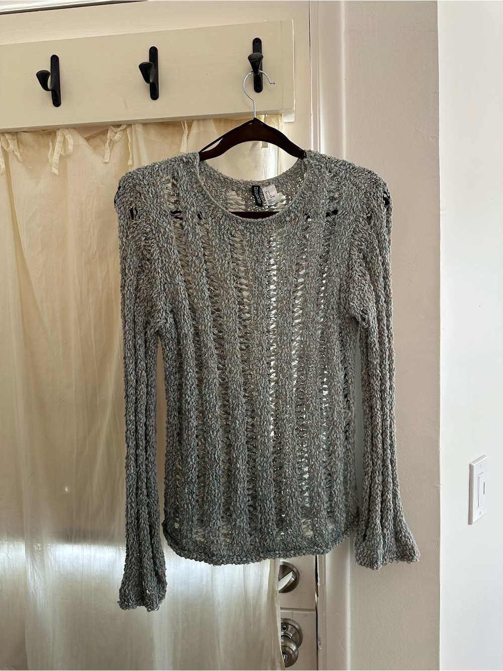 Divided Open-Knit Crewneck Sweater in Heather Gray